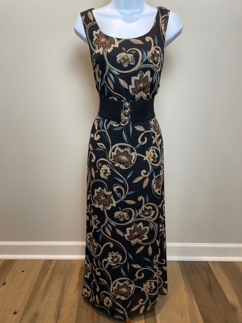 Virgo Floral Chiffon Maxi Dress Size 10 Black Lined Shift Style